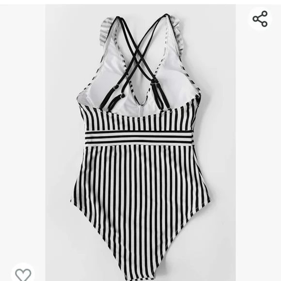 Plunge Neck One Piece‎ Swimsuit- Sized Small black and white striped ruffle neck - Picture 5 of 8